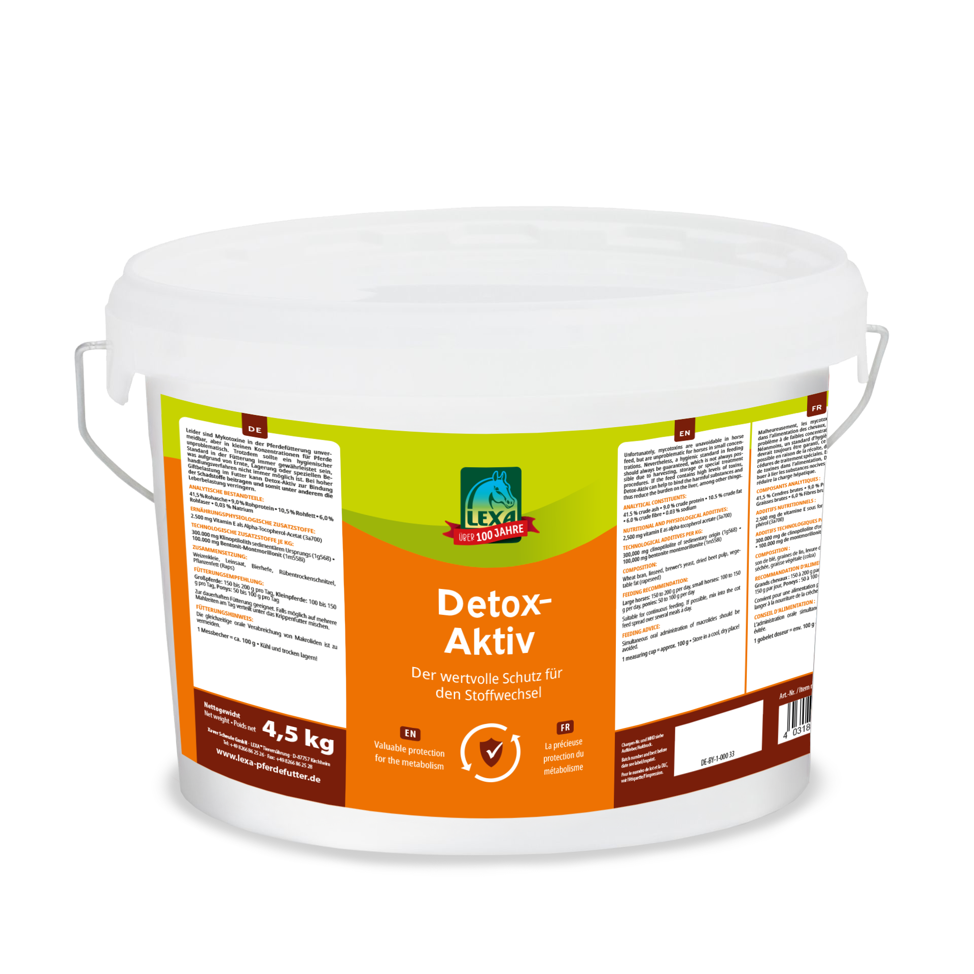 Detox-Aktiv Eimer 4,5 kg Eimer mit Detox-Aktiv Produkt, 4,5 kg, zur Unterstützung des Stoffwechsels, mit mehrsprachiger Beschreibung und Inhaltsstoffen.