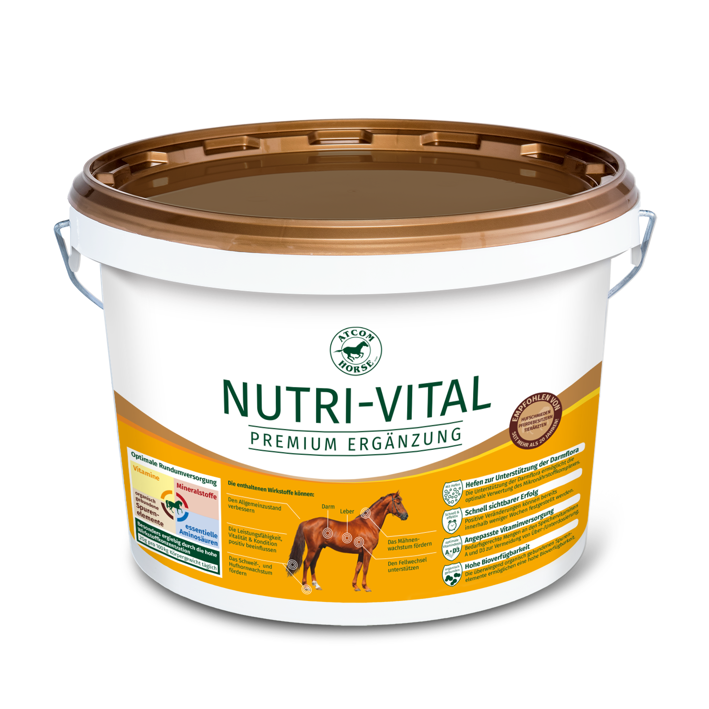 NUTRI-VITAL Premium Ergänzung für Pferde Eimer mit NUTRI-VITAL Premium Ergänzung für Pferde, weiß mit braunem Deckel, enthält wichtige Nährstoffe.