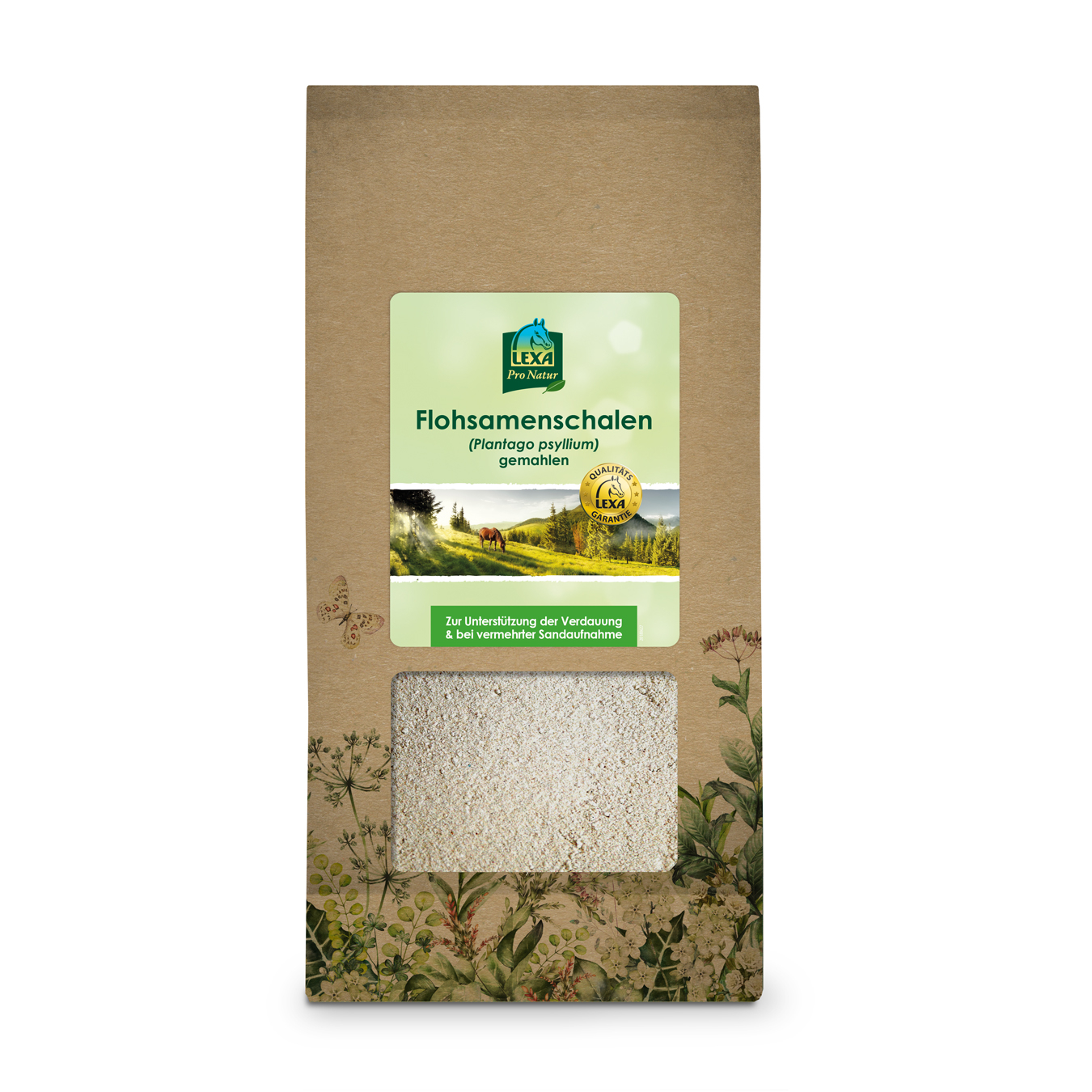 Flohsamenschalen von LEXA Braune Papiertüte mit Flohsamenschalen (Psyllium) mit Sichtfenster. Kräuterillustration am Rand der Verpackung.