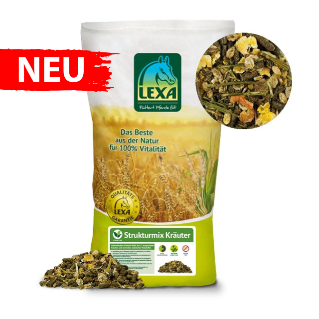 LEXA Strukturmix KrLEXA Strukturmix Kräuter äuter  Grüner Sack als Verpackung unseres LEXA Strukturmix Kräuter. Mit einer roten Banerole und einem Produktbild das die Struktur des Müslis abbildet.
