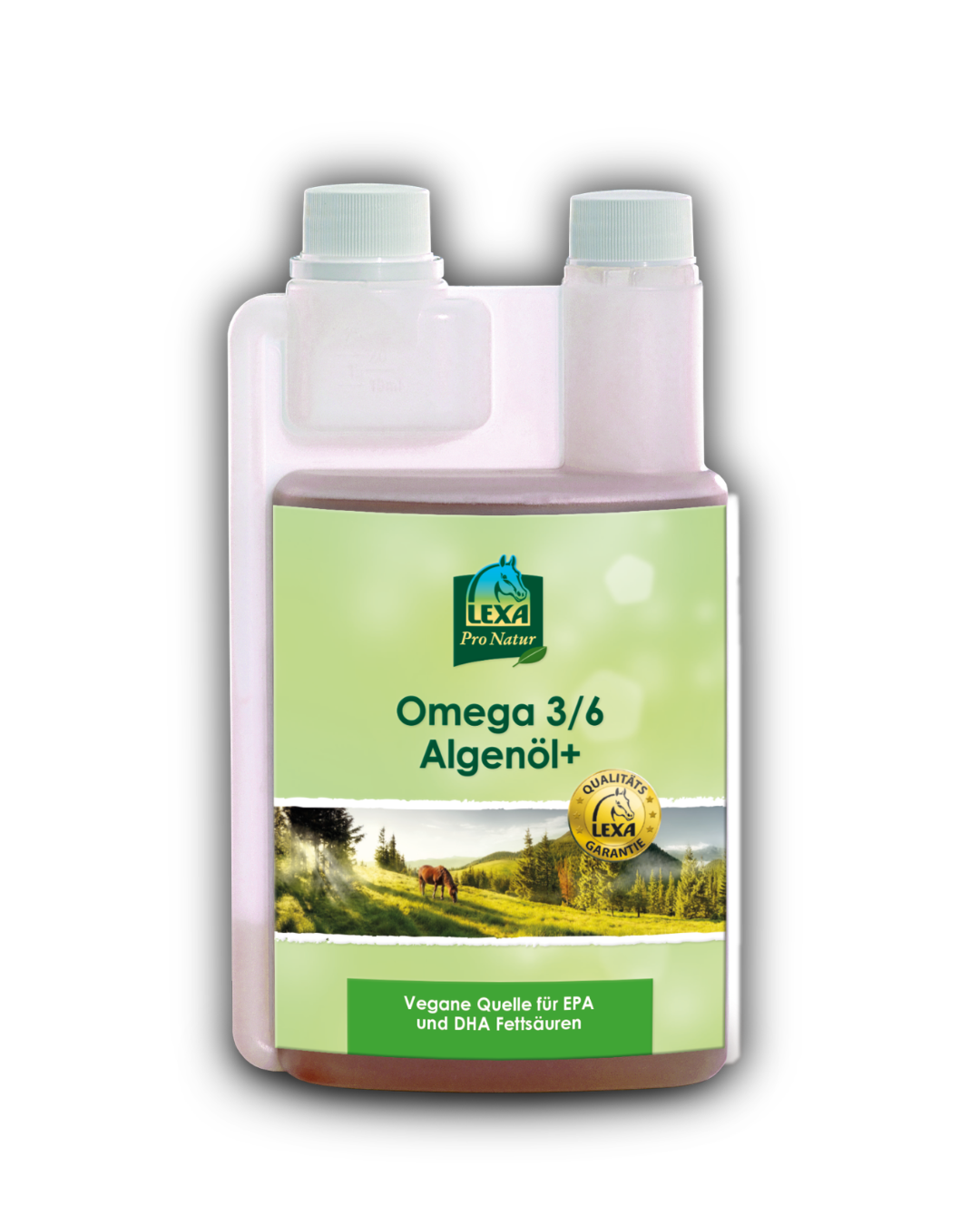 Produktflasche „LEXA Pro Natur Omega 3/6 Algenöl+“ für Pferde, vegane Quelle für EPA- und DHA-Fettsäuren.