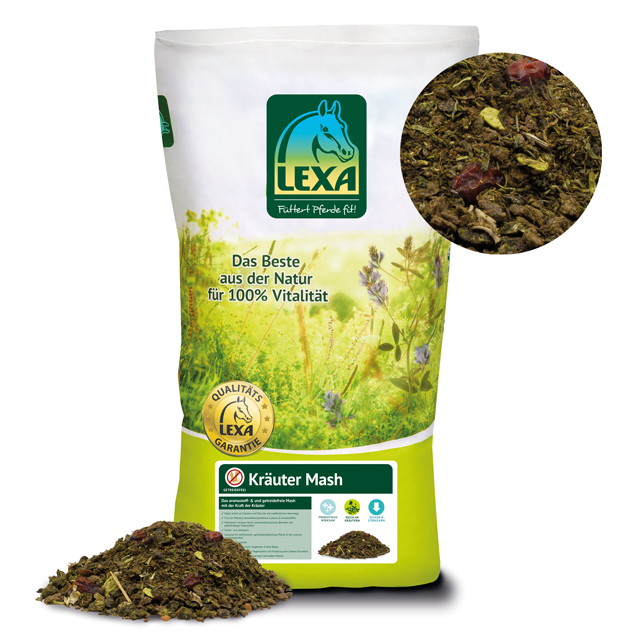 LEXA Kräuter Mash LEXA Kräuter Mash in einem Grünen Sack mit einer Wiese dasrauf und zwei Produktbildern, welche die Struktur des Mash zeigen.
