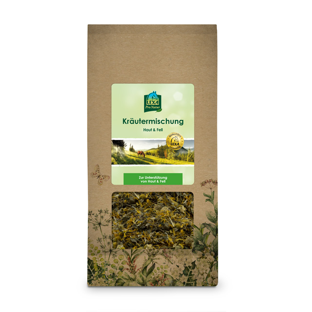 Kräutermischung für Haut und Fell Kräutermischung für Haut und Fell in einer umweltfreundlichen Verpackung (Papiertüte mit Sichtfenster)