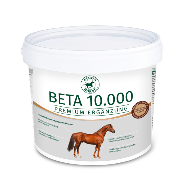 BETA 10.000 Premium Ergänzung für Pferde Eimer mit BETA 10.000 Premium Ergänzung für Pferde, weißer Behälter mit grünem Logo und Abbildung eines Pferdes.