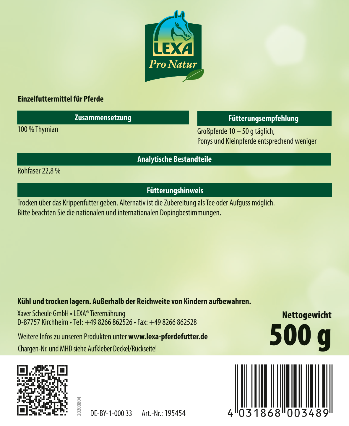 LEXA Pro Natur Pferdefutter 500 g Grünes Etikett von LEXA Pro Natur Pferdefutter mit Inhaltsstoffen und Fütterungshinweisen.