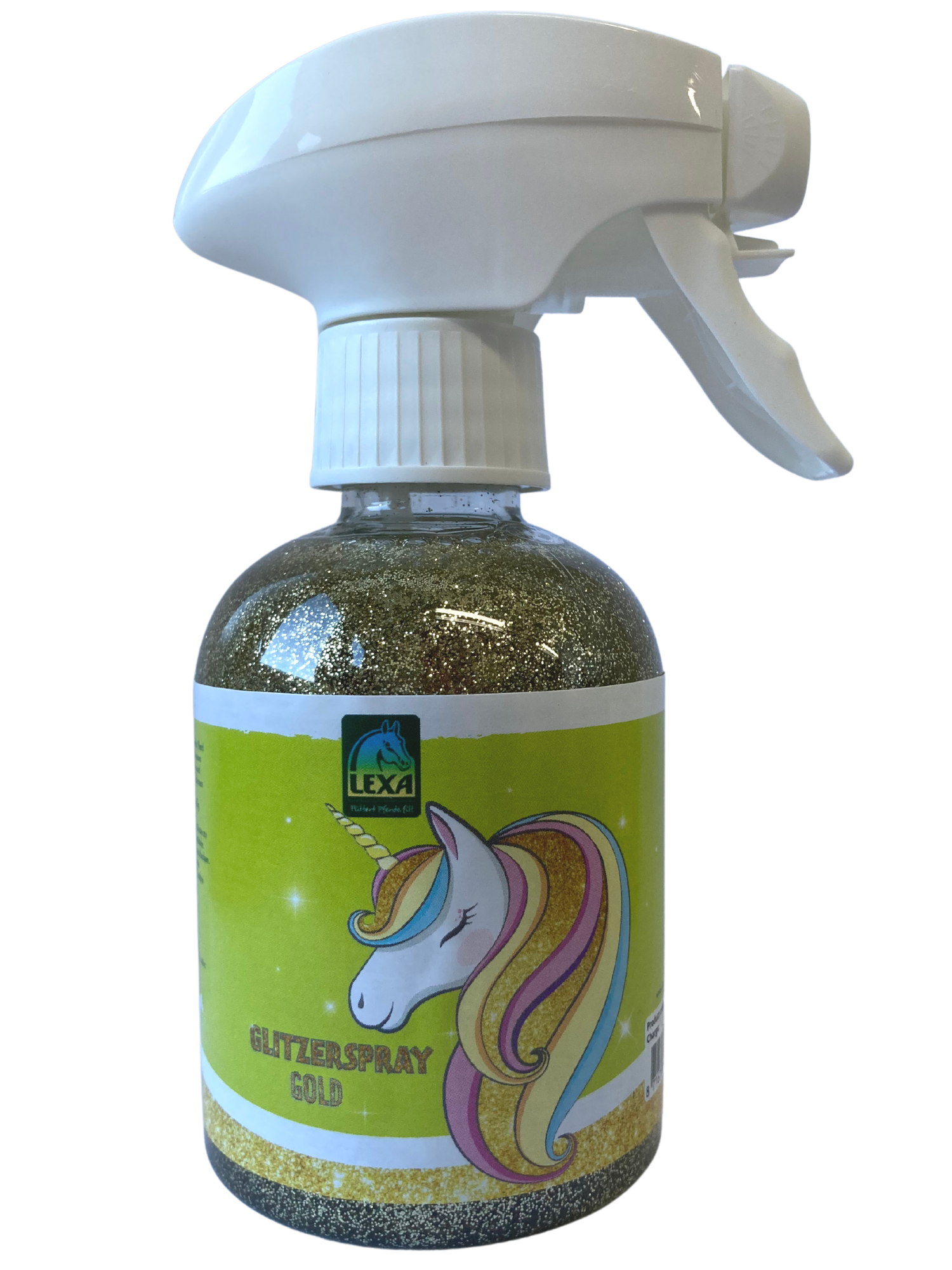 ALEXA Feenglitter gold, in einem durchsichtigen Gefäß mit einem grünen Etikett und einem weißen Pumpaufsatz