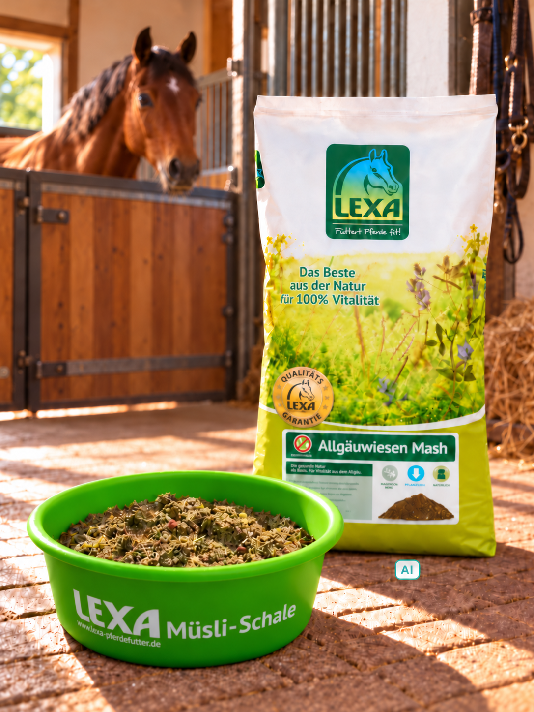 LEXA Allgäuwiesen Mash im Pferdestall mit grüner LEXA Müsli-Schale und angerührtem Mash im Vordergrund. Im Hintergrund schaut ein Pferd aus seiner Box.