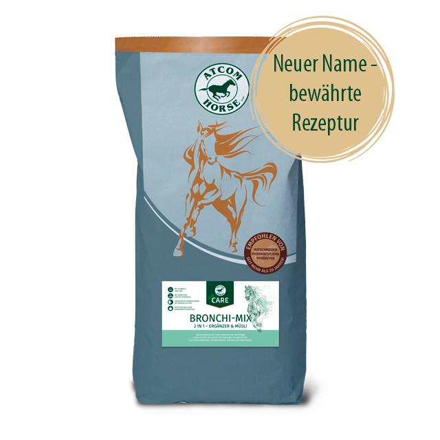 Bronchi-Mix von Atcom Horse Bronchi-Mix in grauem Papiersack mit Pferd und Etikett