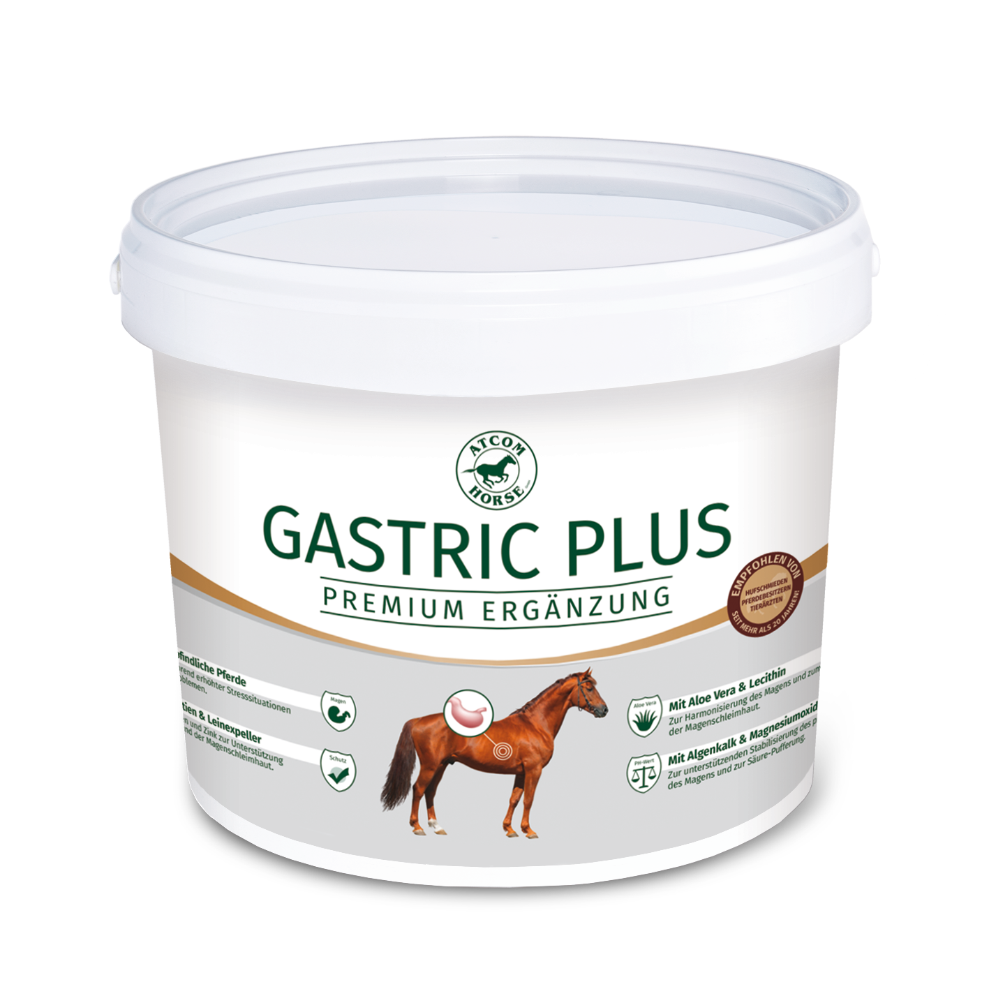 Gastric Plus Pferdefutterergänzung Eimer mit Gastric Plus, einem Premium-Ergänzungsfuttermittel für Pferde, mit Abbildung eines Pferdes.